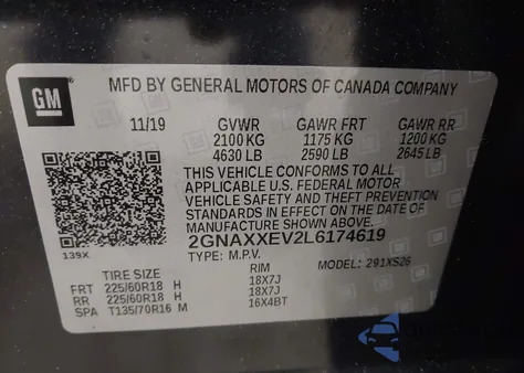 2020 Chevrolet Equinox Awd Premier 1.5L Turbo из США, поврежденный, VIN 2GNAXXEV2L6174619